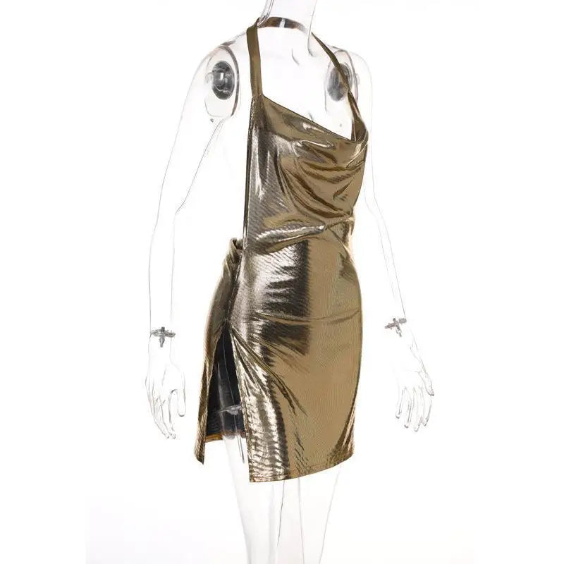 Mini Dress, Sexy Bodycon for Women Bling Glitter Evening Prom Women Halter Side Slit Backless Party Club Summer Clothes