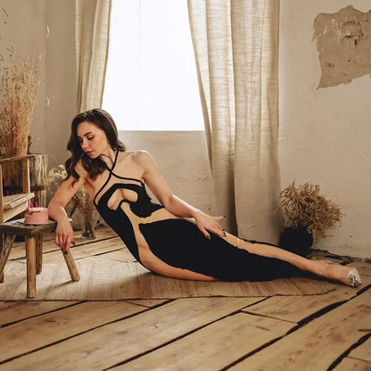 Halter Neck Dresses, Mesh Patchwork for Women Sexy Lace-up Backless See-through Evening Dress Sleeveless Backless Long Party Robe