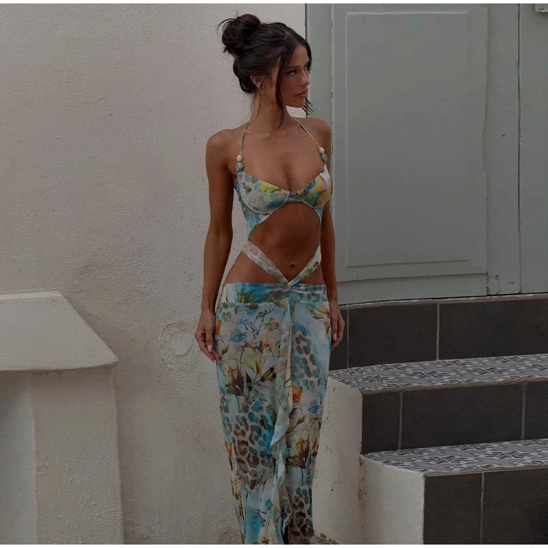 Women Sexy Print Bikini Patchwork Ruffles Long Dress Fashion Hollow Out Off Shoulder Slim Halter Vestido Lady New Beach Clubwear