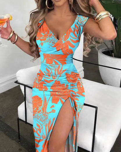Maxi Dress, Summer Women Print Dress Fashion Casual Elegant V-neck Sleeveless Bodycon Beach Party Dresses Robe Femme 2024 New Vestidos