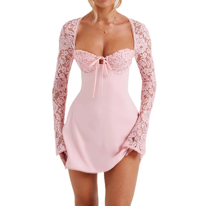 Women’s Elegant Bodycon Mini Dress Lace Long Sleeve White Dress for Spring Summer Low Cut Back Tie Dress Tunic Dress Party Wear