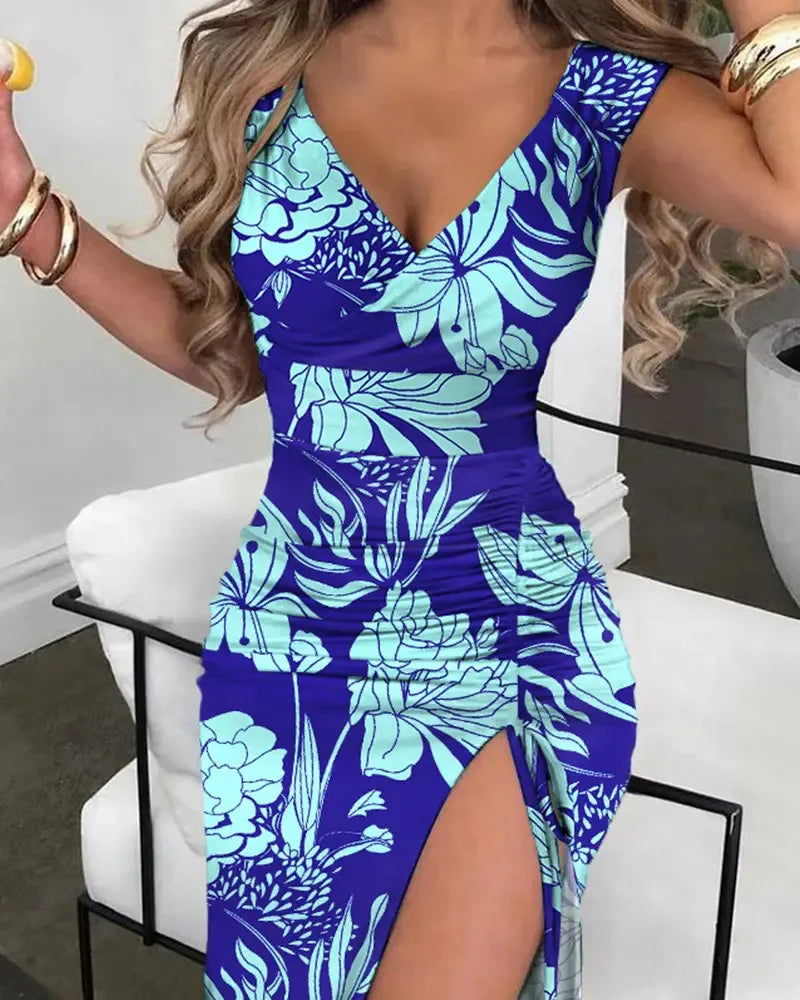 Maxi Dress, Summer Women Print Dress Fashion Casual Elegant V-neck Sleeveless Bodycon Beach Party Dresses Robe Femme 2024 New Vestidos