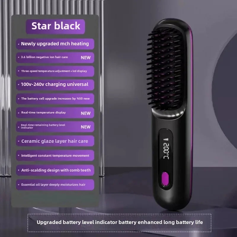 2024 New Cross-Border Liquid Crystal USB Charging Ceramic Heating Electric Comb Portable Negative Ion Straight Hair Comb