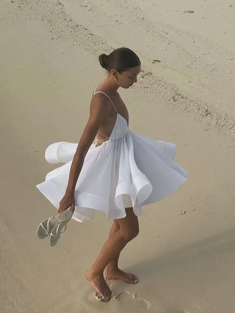 Elegant Chiffon Pleated Off Shoulder Women Sling Dress Fashion Lace Up Backless High Waist A-line Mini Dresses Lady Beach Robes
