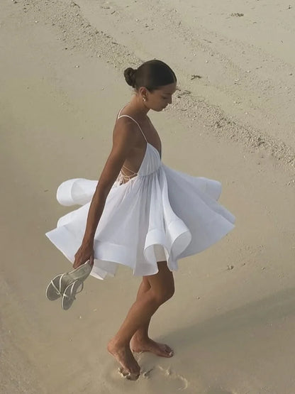 Elegant Chiffon Pleated Off Shoulder Women Sling Dress Fashion Lace Up Backless High Waist A-line Mini Dresses Lady Beach Robes
