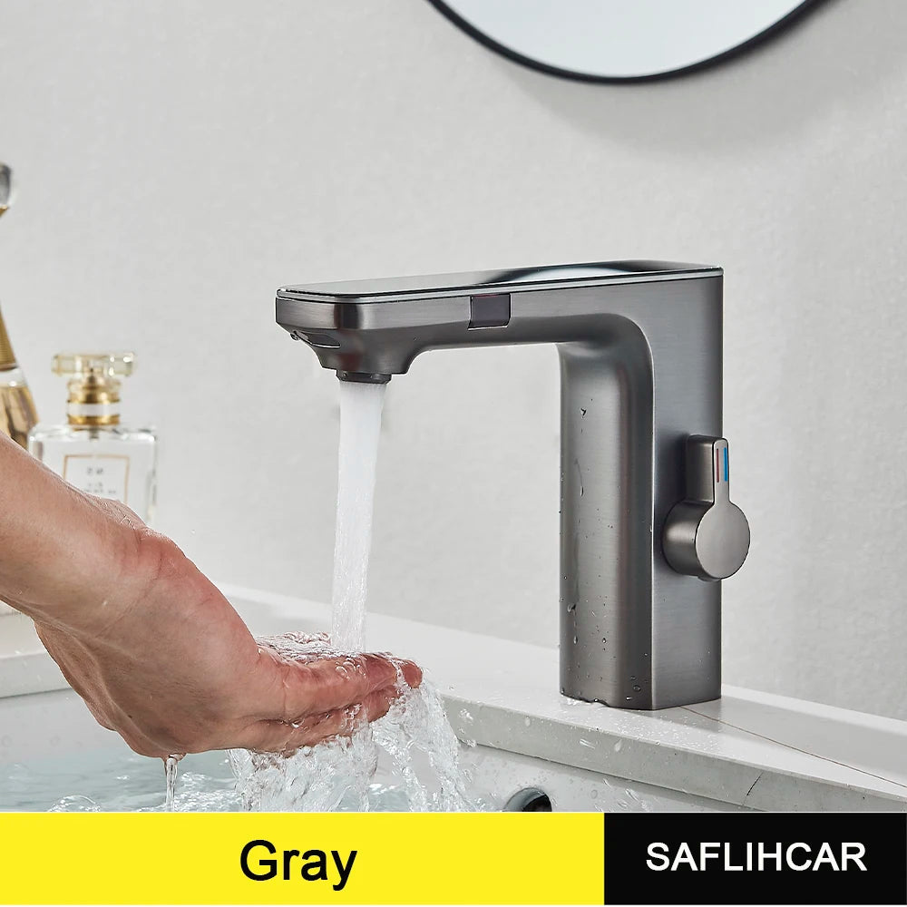 New Gray Smart Daul Sensor Bathroom Basin Faucet Hot Cold Water Mixer Deck Mount  Bathroom Sink Faucet
