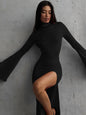 Hugcitar Turtleneck Solid Long Sleeve Backless Slit Sexy Slim Maxi Prom Dress 2024 Spring Women Clothes Birthday Party Y2K