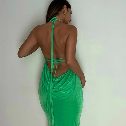 Backless Sleeveless, Swing Collar Drawstrings Hollow Out Slit Sexy Maxi Prom Dress 2023 Summer Women Party Y2K Robe