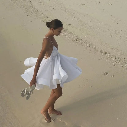 Elegant Chiffon Pleated Off Shoulder Women Sling Dress Fashion Lace Up Backless High Waist A-line Mini Dresses Lady Beach Robes