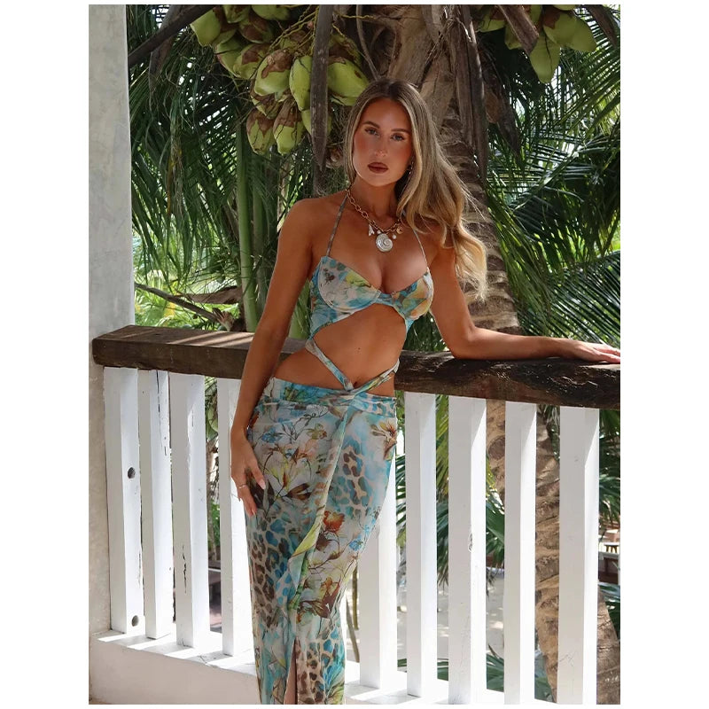 Women Sexy Print Bikini Patchwork Ruffles Long Dress Fashion Hollow Out Off Shoulder Slim Halter Vestido Lady New Beach Clubwear