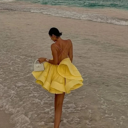 Elegant Chiffon Pleated Off Shoulder Women Sling Dress Fashion Lace Up Backless High Waist A-line Mini Dresses Lady Beach Robes