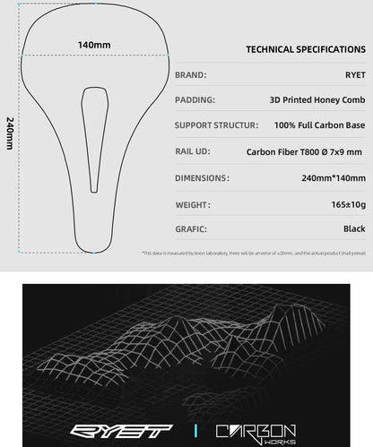 RYET 3D Printed Bike Carbon Saddle 140mm SuperLight 165g Road MTB Racing Saddles Bicycle Seat Cushion Cycling Seating Parts
