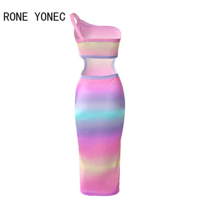 2023 Women Elegant Thick Straps One Shoulder Midriff Vacation Sexy Midi Dresses