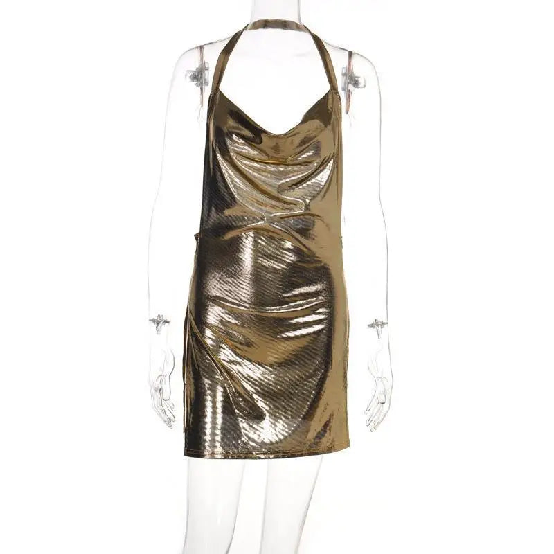 Mini Dress, Sexy Bodycon for Women Bling Glitter Evening Prom Women Halter Side Slit Backless Party Club Summer Clothes