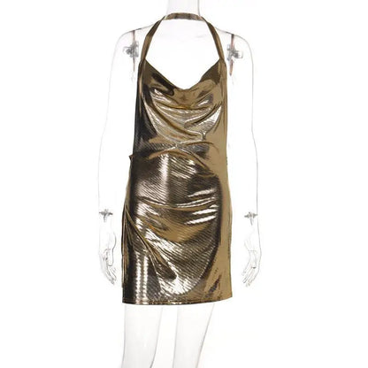 Mini Dress, Sexy Bodycon for Women Bling Glitter Evening Prom Women Halter Side Slit Backless Party Club Summer Clothes