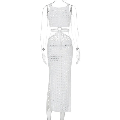 Sexy Hollow Out Women Knit Maxi Dress High Waist Cut Out Mesh Sheer Elegant Sleeveless Hem silt Beach Party Dress Femme
