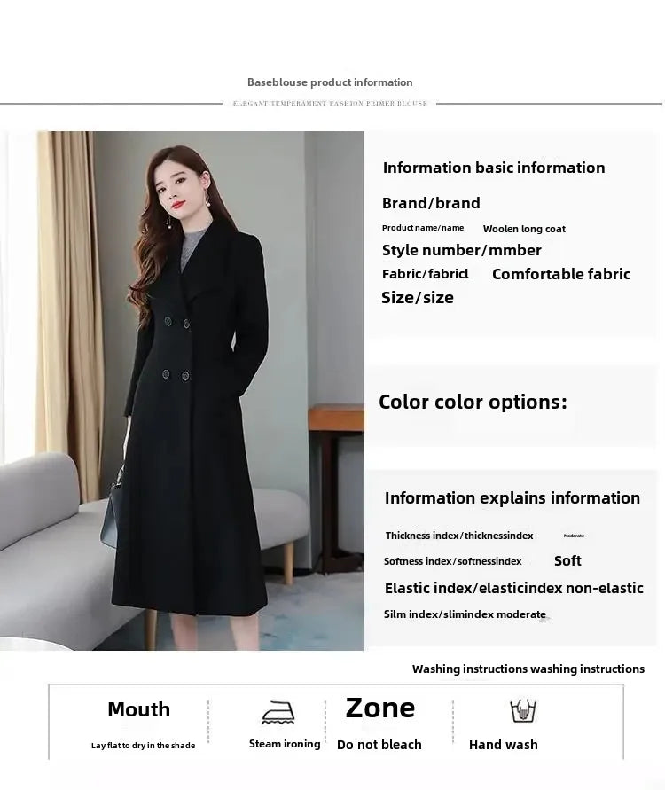 Women's Wool Coat - Long, Thick, Slim Fit with Waist Fitting, Knee-Length for Elegant and Warm Wear.
