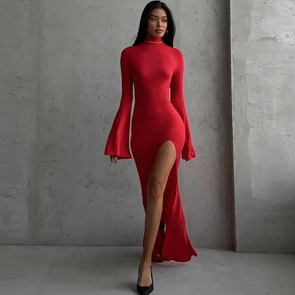 Hugcitar Turtleneck Solid Long Sleeve Backless Slit Sexy Slim Maxi Prom Dress 2024 Spring Women Clothes Birthday Party Y2K