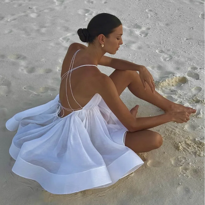 Elegant Chiffon Pleated Off Shoulder Women Sling Dress Fashion Lace Up Backless High Waist A-line Mini Dresses Lady Beach Robes