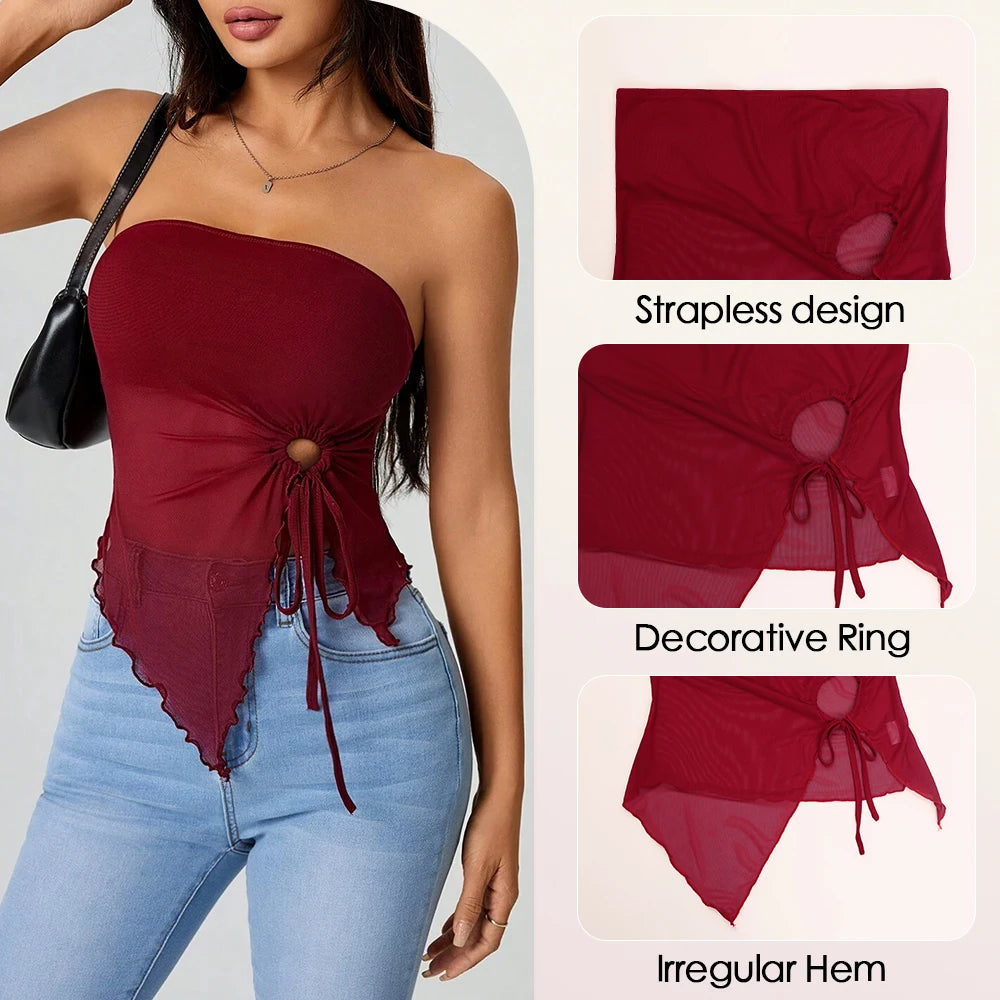 Mia Muse Women's Tanks Summer French Trendy Plain Cut Out Asymmetrical Hem Sleeveless Off Shoulder Tube Tanks New Year Valentine