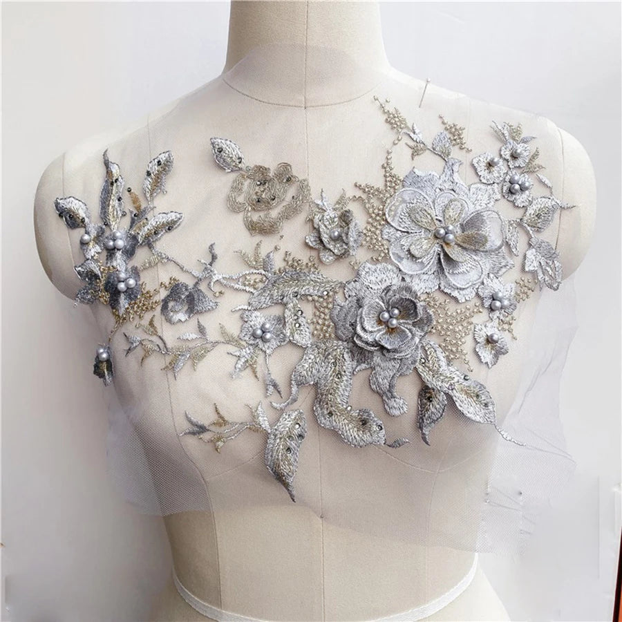 Lace, 3D Embroidered Sewing On Patches For Clothing Flower Lace Patch Wedding Party Gown Bridal Dress Fabric Appliques DIY Repair