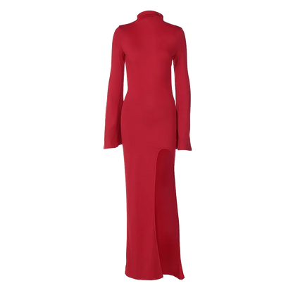 Hugcitar Turtleneck Solid Long Sleeve Backless Slit Sexy Slim Maxi Prom Dress 2024 Spring Women Clothes Birthday Party Y2K