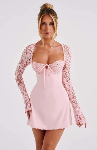 Women’s Elegant Bodycon Mini Dress Lace Long Sleeve White Dress for Spring Summer Low Cut Back Tie Dress Tunic Dress Party Wear
