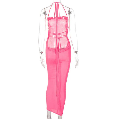Backless Sleeveless, Swing Collar Drawstrings Hollow Out Slit Sexy Maxi Prom Dress 2023 Summer Women Party Y2K Robe