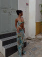 Women Sexy Print Bikini Patchwork Ruffles Long Dress Fashion Hollow Out Off Shoulder Slim Halter Vestido Lady New Beach Clubwear