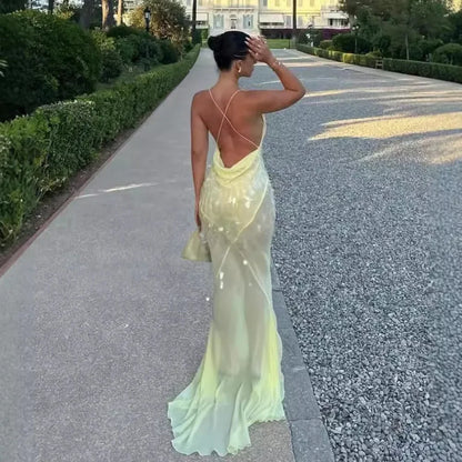 Halter neck , Yellow Sequins Maxi Beach Dress Women Sexy Backless Slim Party Fishtail Dresses Summer Mesh Patchwork Sheer Holiday Dress 2024