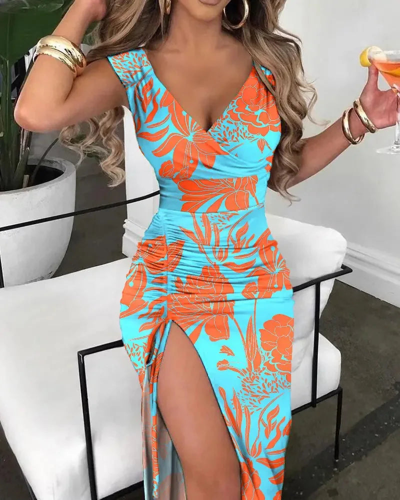 Maxi Dress, Summer Women Print Dress Fashion Casual Elegant V-neck Sleeveless Bodycon Beach Party Dresses Robe Femme 2024 New Vestidos