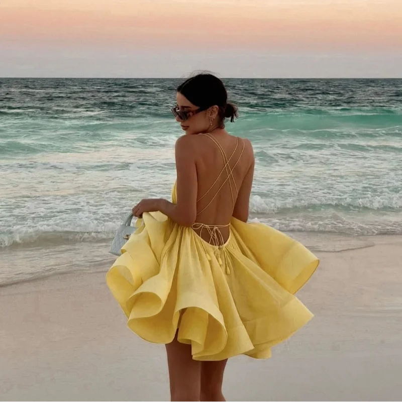 Elegant Chiffon Pleated Off Shoulder Women Sling Dress Fashion Lace Up Backless High Waist A-line Mini Dresses Lady Beach Robes