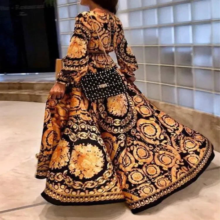 Maxi Gown, Women Retro Printed Long Sleeve Summer Casual Bohemian V Neck Big Swing Split Long Robe