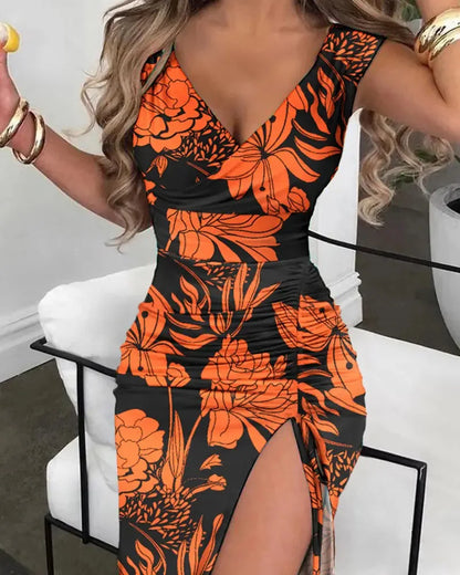 Maxi Dress, Summer Women Print Dress Fashion Casual Elegant V-neck Sleeveless Bodycon Beach Party Dresses Robe Femme 2024 New Vestidos