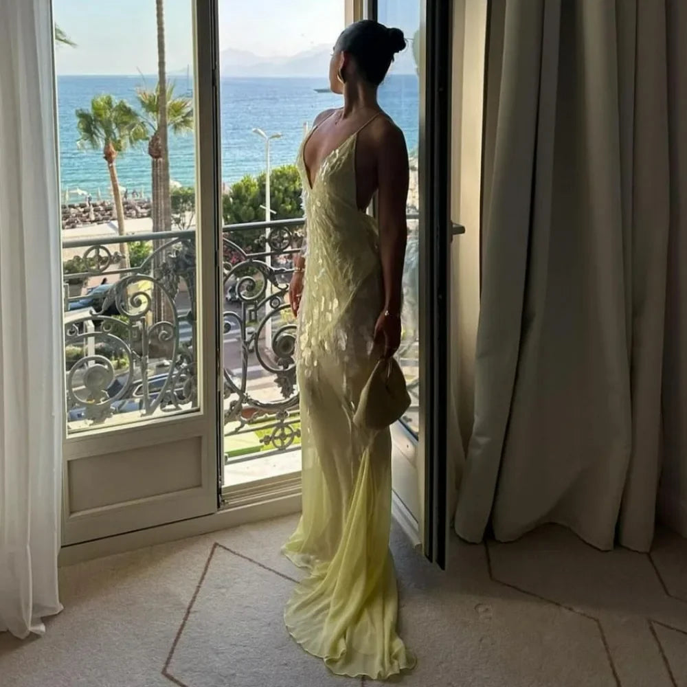Halter neck , Yellow Sequins Maxi Beach Dress Women Sexy Backless Slim Party Fishtail Dresses Summer Mesh Patchwork Sheer Holiday Dress 2024