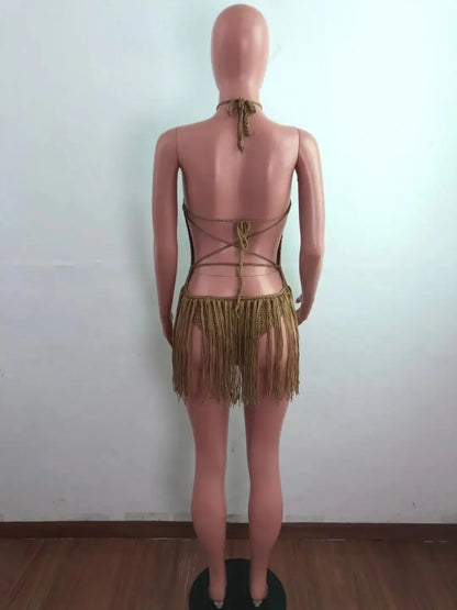 Sexy Women Knitted Dress Halter Backless Crochet Mini Dresses Hollow Out Bodycon Crocheted Beach Dress
