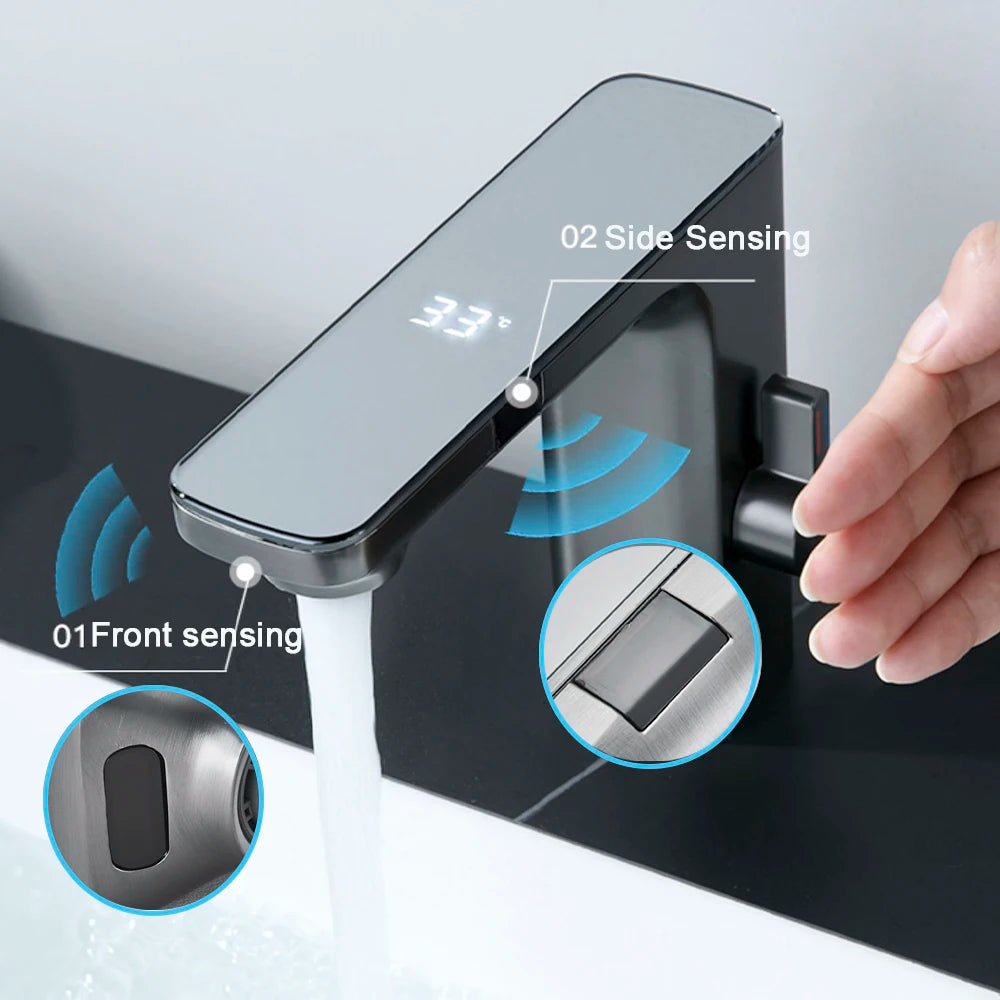 New Gray Smart Daul Sensor Bathroom Basin Faucet Hot Cold Water Mixer Deck Mount  Bathroom Sink Faucet