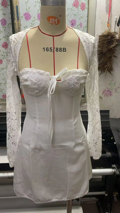Women’s Elegant Bodycon Mini Dress Lace Long Sleeve White Dress for Spring Summer Low Cut Back Tie Dress Tunic Dress Party Wear