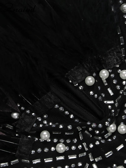 Znaiml Sexy Feathers Rhinestones Backless Diamond Sheer Mesh Bodycon Dresses for Woman Rave Club Birthday Party Night Vestidos