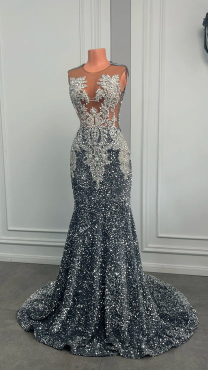 Maxi dress, Gorgeous Long Mermaid Prom Dresses 2025 Sexy Sheer Mesh 3D Lace Beaded Sparkly Silver