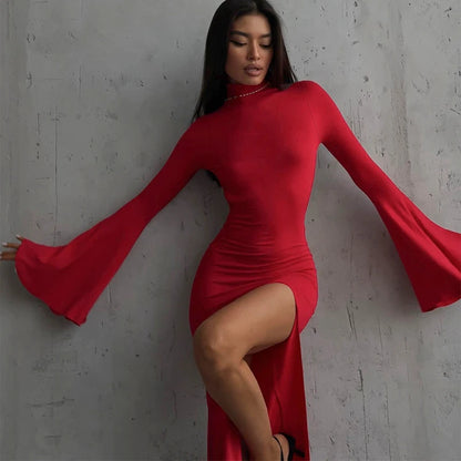 Hugcitar Turtleneck Solid Long Sleeve Backless Slit Sexy Slim Maxi Prom Dress 2024 Spring Women Clothes Birthday Party Y2K