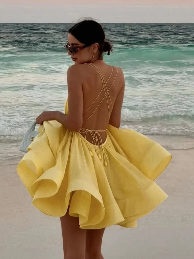 Elegant Chiffon Pleated Off Shoulder Women Sling Dress Fashion Lace Up Backless High Waist A-line Mini Dresses Lady Beach Robes
