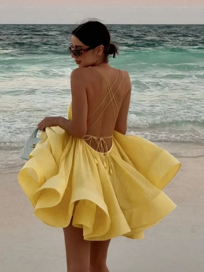 Elegant Chiffon Pleated Off Shoulder Women Sling Dress Fashion Lace Up Backless High Waist A-line Mini Dresses Lady Beach Robes