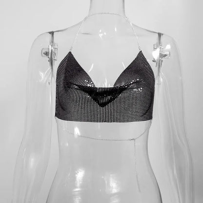 Sexy Summer Sequin Metal Crop Tops Suspenders Halter Backless Night Club Tank Top 2024 New Women Clothing Fashion Y2k Tops