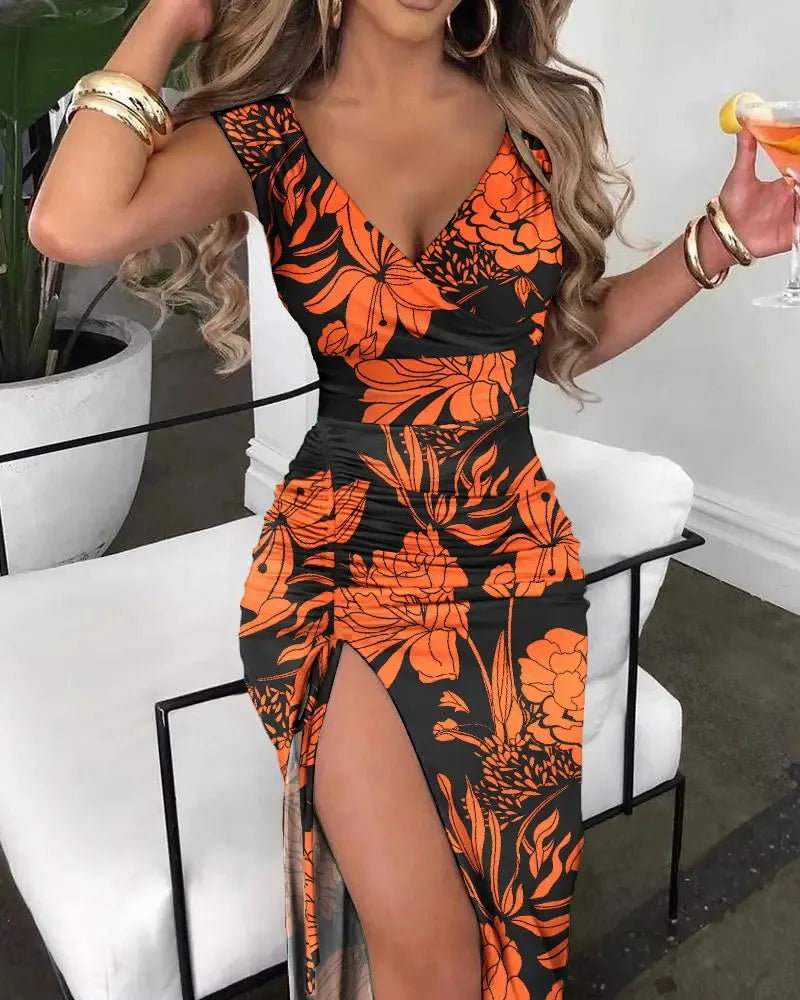 Maxi Dress, Summer Women Print Dress Fashion Casual Elegant V-neck Sleeveless Bodycon Beach Party Dresses Robe Femme 2024 New Vestidos