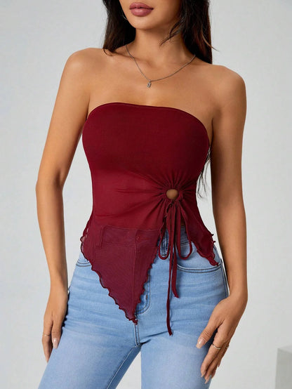 Mia Muse Women's Tanks Summer French Trendy Plain Cut Out Asymmetrical Hem Sleeveless Off Shoulder Tube Tanks New Year Valentine