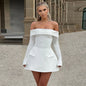 Mozision Off-shoulder Long Sleeve Sexy Mini Dress For Women Two Pocket Strapless Backless A-line Club Party Sexy Dress Elegant