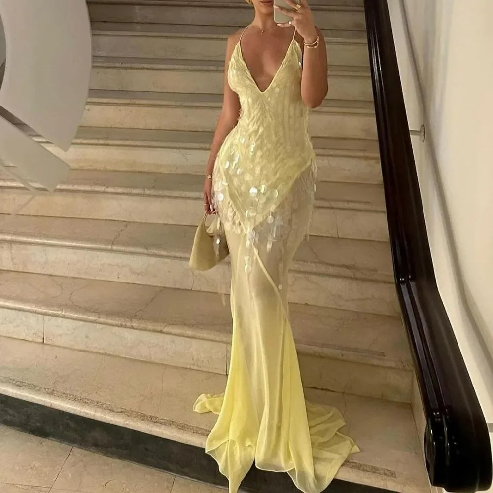 Halter neck , Yellow Sequins Maxi Beach Dress Women Sexy Backless Slim Party Fishtail Dresses Summer Mesh Patchwork Sheer Holiday Dress 2024