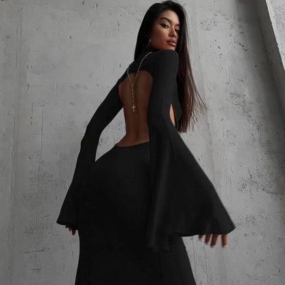 Hugcitar Turtleneck Solid Long Sleeve Backless Slit Sexy Slim Maxi Prom Dress 2024 Spring Women Clothes Birthday Party Y2K
