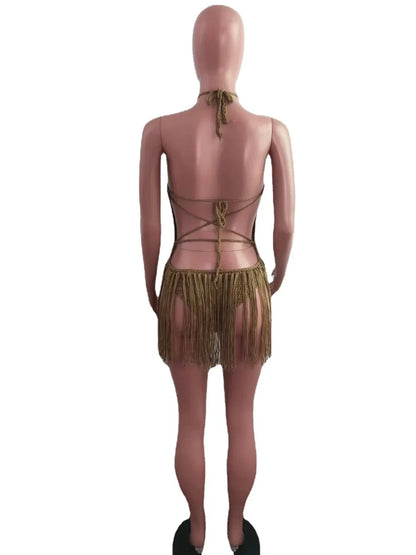 Sexy Women Knitted Dress Halter Backless Crochet Mini Dresses Hollow Out Bodycon Crocheted Beach Dress